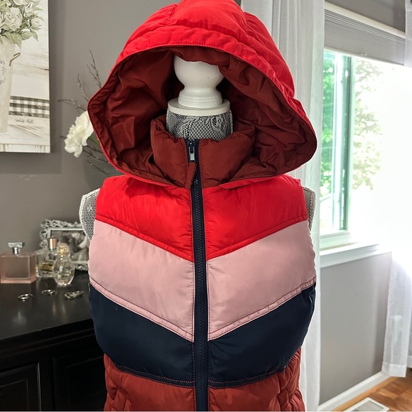 Aeropostale Colorblock Puffer Vest Hooded Chevron Red Pink Navy Size S - Picture 7 of 11